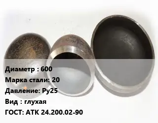 Заглушка стальная резьбовая 600 Сталь: 20 Ру25 глухая ГОСТ: АТК 24.200.02-90